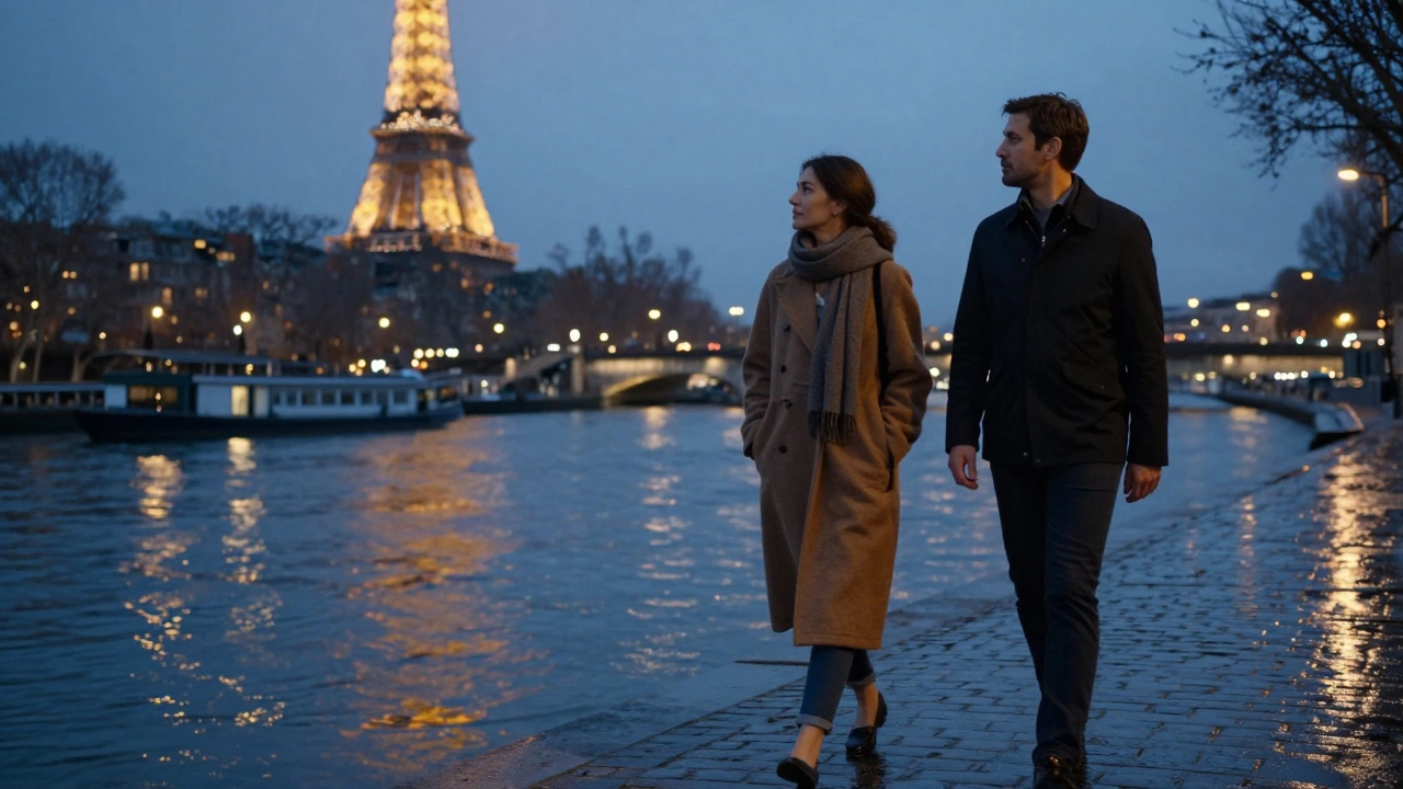 A couple walking along the Seine River at night, Eiffel Tower in the distance.
