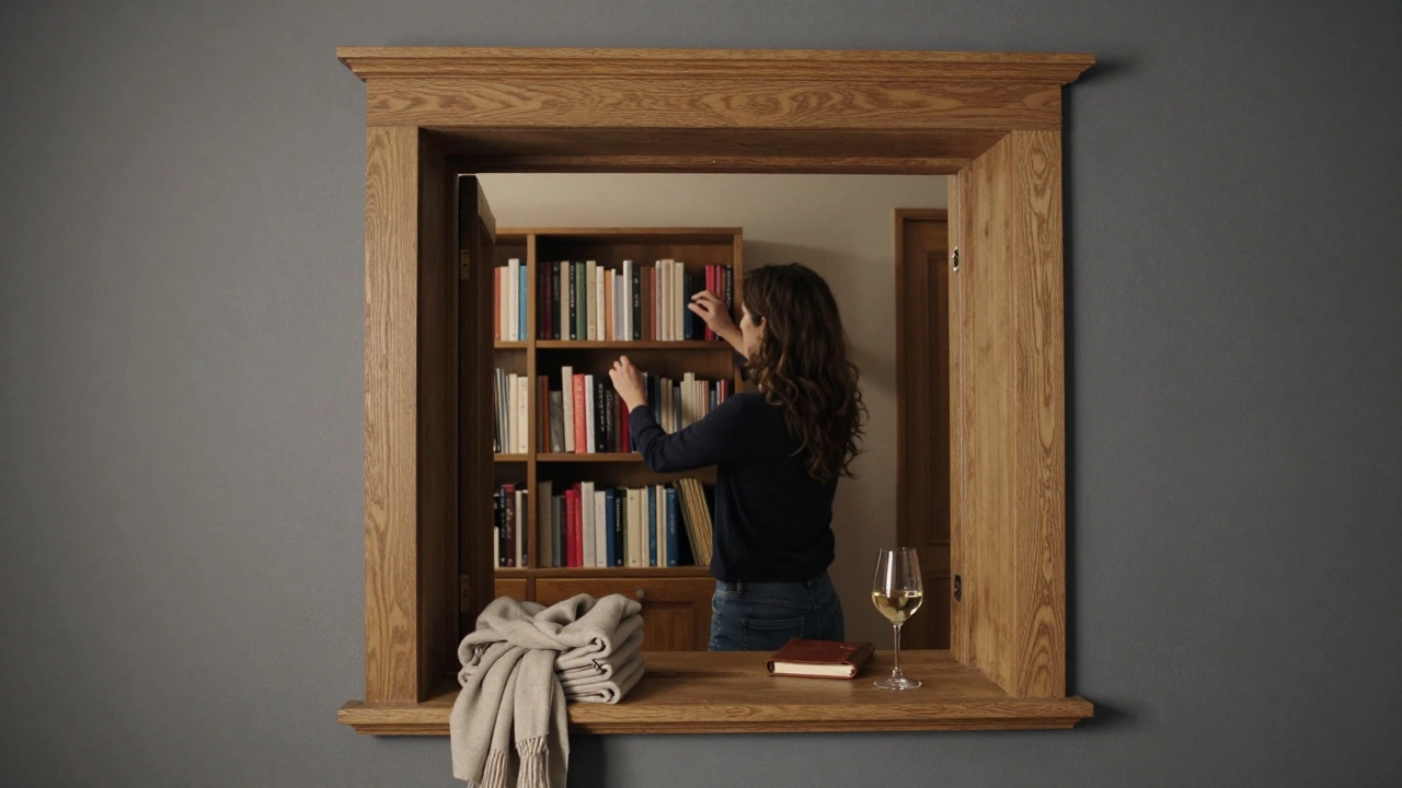 A woman in Lyon organizing books and a journal in her softly lit apartment.